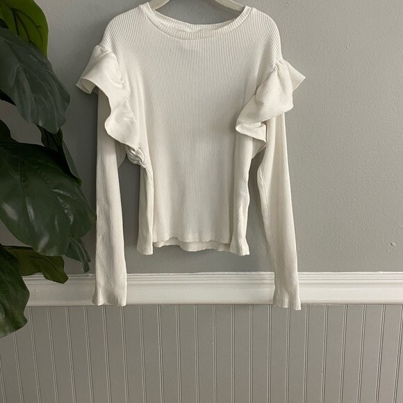 Zara Girls Size 10 White Ribbed Knit Ruffle Sleeve Top - Picture 2 of 8